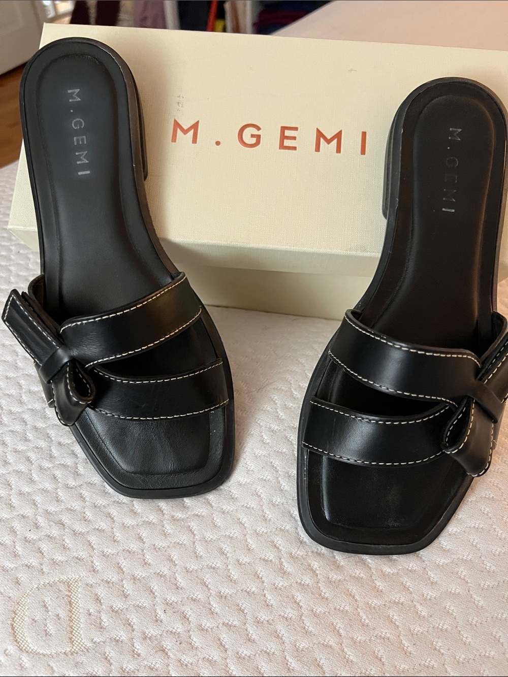 M. Gemi Black Leather Stitched Slide Mules